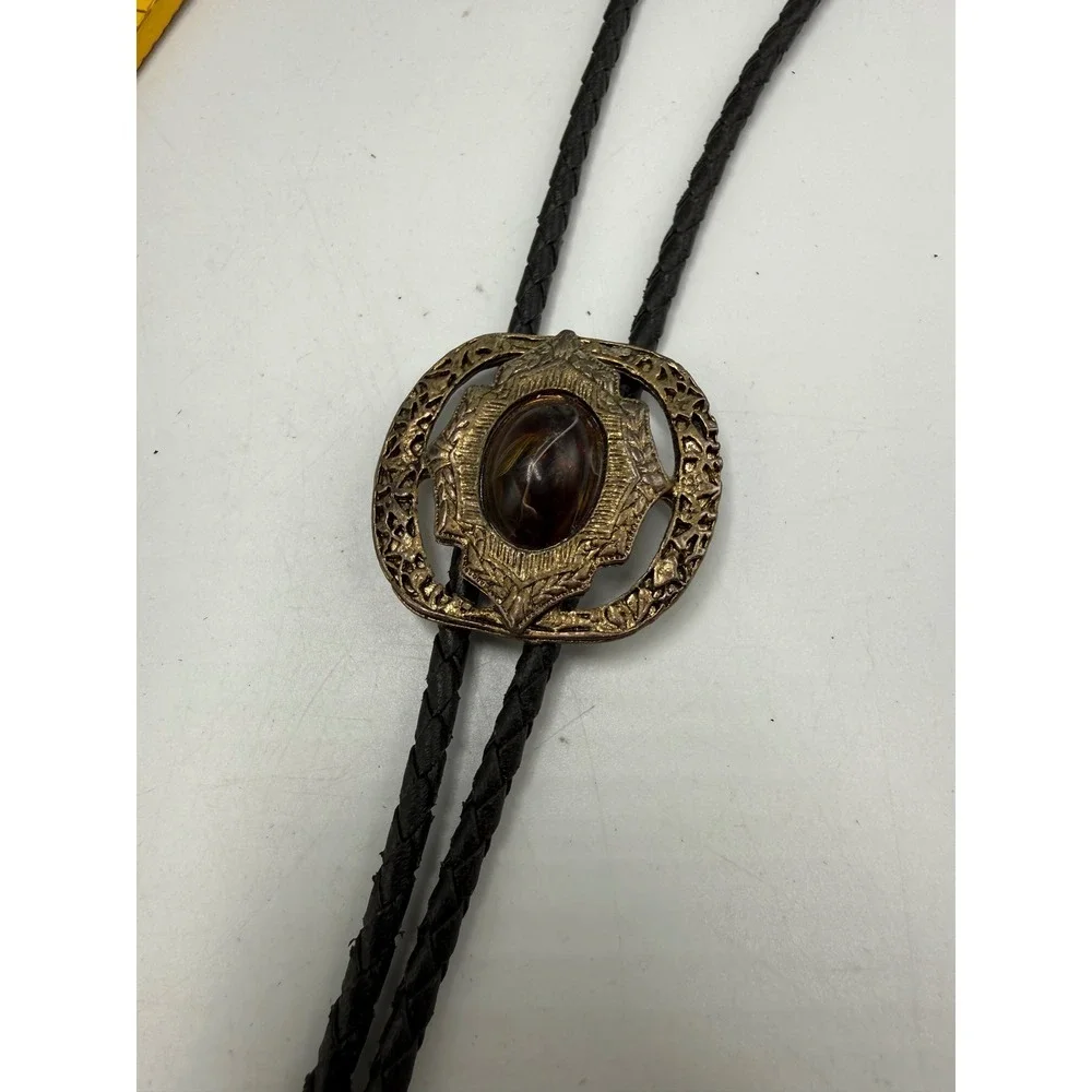 Vintage Western Bolo Tie Tigers Eye Faux Stone Gold Tone Filigree Black Cord